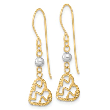 14K Two-tone Gold Satin and Diamond-Cut Heart Dangle Earrings