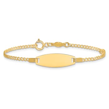 14k Yellow Gold Polished Kids ID with Pink Enameled Puffed Heart Bracelet