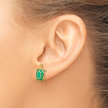 14k Yellow Gold Land Turtle with Green Enameled Shell Stud Earrings