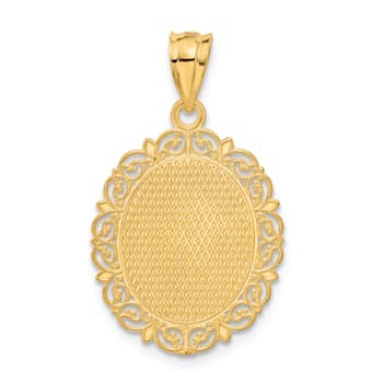 14k Yellow Gold Solid Satin, Polished and Textured Taurus Zodiac Oval Pendant