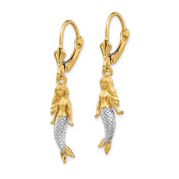 14k Yellow Gold and Rhodium Over 14k Yellow Gold Brushed Polished
Mermaid Dangle Earrings