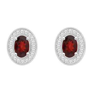 6x4mm Oval Garnet 1/5 ctw Diamond Rhodium Over Sterling Silver Halo Stud Earrings