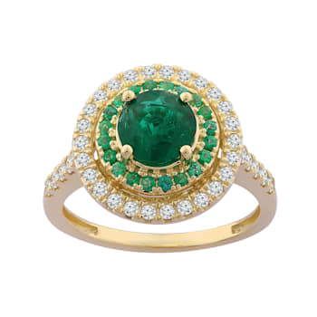 Round Emerald and round white diamond 10K Yellow Gold Ring 1.97ctw