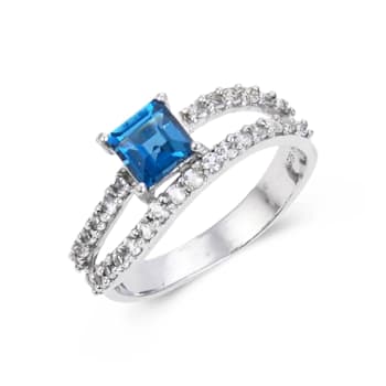 Square Blue Topaz with White Topaz Accents Sterling Silver Ring, 1.41ctw