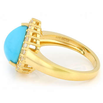 Turquoise Pear And White Zircon Ring In 18K Gold Over Sterling Silver 0.41ctw