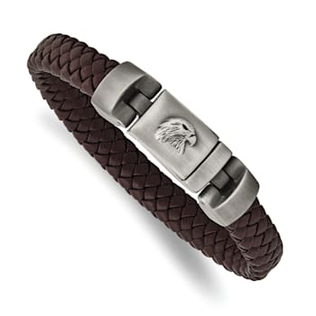 Stainless Steel Brushed Antiqued Leather 8.75 Inch Bracelet