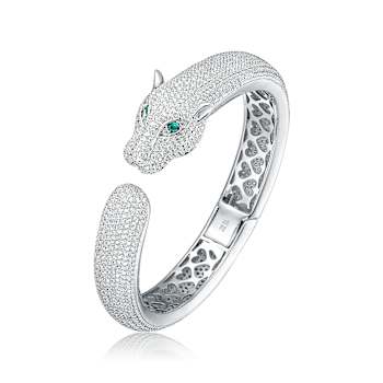 Emerald Color CZ Panther Hinged Cuff Bracelet In Sterling Silver