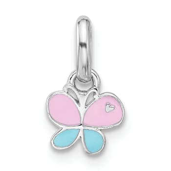 Rhodium Over Sterling Silver Children's Small Enamel Butterfly Pendant