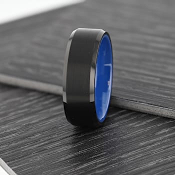 RIGEL Flat Beveled Edges Black Tungsten Ring with Brushed Center and
Vibrant Blue Ceramic Inside 8mm
