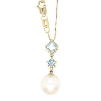 White Freshwater Pearl, Aquamarine and Diamond Accent 14K Yellow Gold
Drop Pendant with Chain