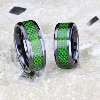 MATLAL Beveled Black Ceramic Ring with Emerald Green Carbon Fiber Inlay 8mm