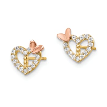 14K Yellow Gold and 14K Rose Gold Heart with Butterfly and Cubic
Zirconia Stone Stud Earrings