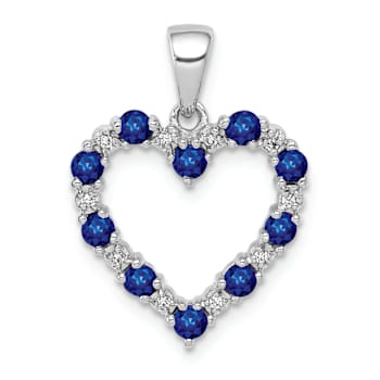 Rhodium Over 14k White Gold Diamond and Sapphire Heart Pendant
