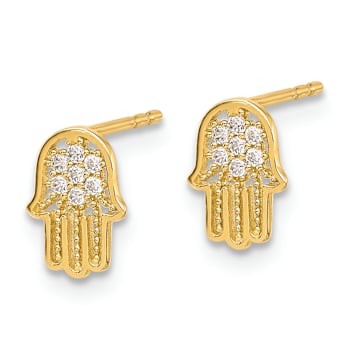 14k Yellow Gold Polished Textured Cubic Zirconia Hamsa Stud Earrings