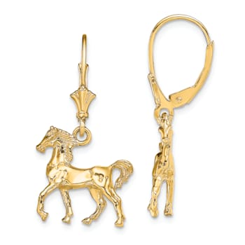 14k Yellow Gold 3D Polished and Textured Horse Dangle Earrings