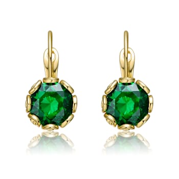 Emerald Color CZ Solitaire Drop Earrings In 14K Gold Over Brass