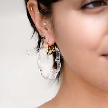 14K Yellow Gold Over Sterling Silver Flower Bamboo Acrylic Hoop Earrings