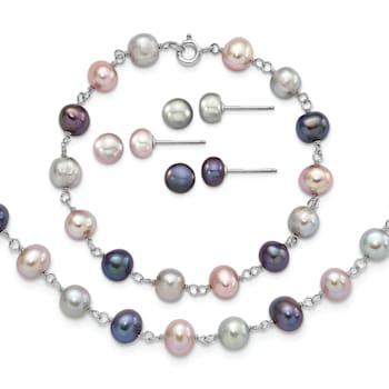 Rhodium Over Sterling Silver Multi-color Freshwater Pearl
Necklace/Bracelet/Earring Set