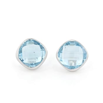 Large Blue Topaz Square Cushion Stud Earrings In Sterling Silver