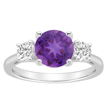 8mm Round Amethyst And White Topaz Rhodium Over Sterling Silver 3-Stone Ring