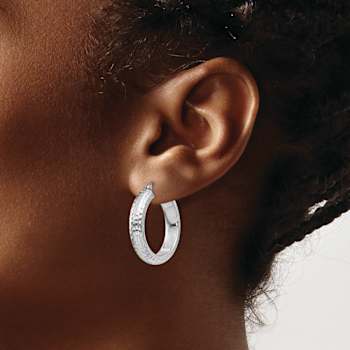 Rhodium Over Sterling Silver Diamond-cut 5x25mm Hoop Earrings