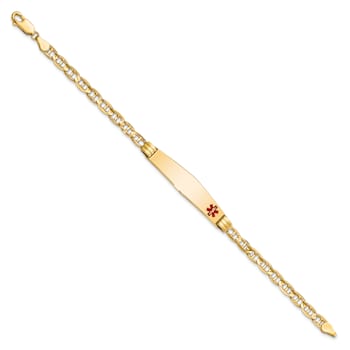 14k Yellow Gold Medical Soft Diamond Shape Red Enamel Mariner Link ID Bracelet