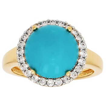 Turquoise And White Zircon Round Ring In 18K Gold Over Sterling Silver 0.43ctw