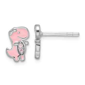 Rhodium Over Sterling Silver Pink Cubic Zirconia and Enamel Dinosaur
Children's Post Earrings