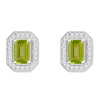 6x4mm Emerald Cut Peridot 1/5 ctw Diamond Rhodium Over Sterling Silver
Halo Stud Earrings
