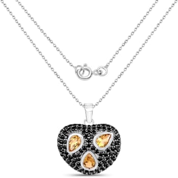 Yellow Citrine Black Spinel Rhodium Over Sterling Silver Cluster Heart
Necklace 3.19ctw