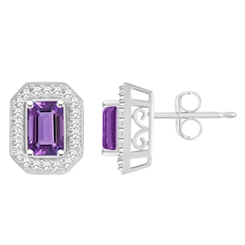 6x4mm Emerald Cut Amethyst 1/5 ctw Diamond Rhodium Over Sterling Silver
Halo Stud Earrings
