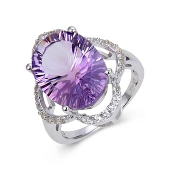 Concave Cut Oval Amethyst with White Topaz Accents Sterling Silver Ring, 8.26ctw