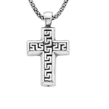 Sterling Silver 17x30mm Greek Key Cross Necklace, 18”