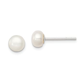 Sterling Silver White Freshwater Cultured Pearl 5-6mm Button Earrings