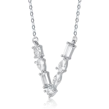 Initial V Mixed Cut CZ Pendant Necklace In Sterling Silver 18 Inch
