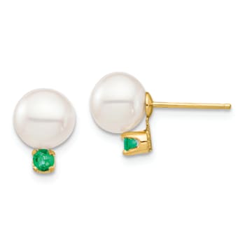 14K Yellow Gold 7-7.5mm White Round Freshwater Cultured Pearl Emerald
Post Earrings