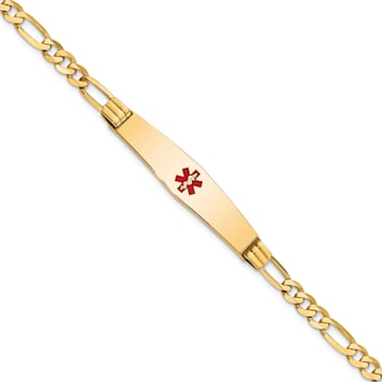 14k Yellow Gold Medical Soft Diamond Shape Red Enamel Figaro Link ID Bracelet