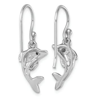 Rhodium Over Sterling Silver Polished Crystal Dolphin Dangle Earrings