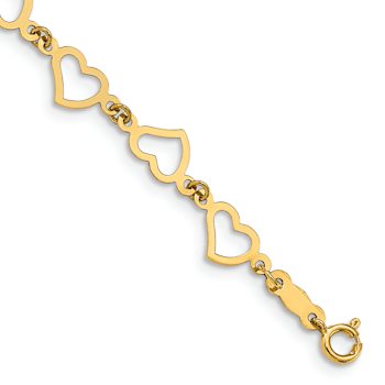 14k Yellow Gold Flat Open Hearts Link Bracelet