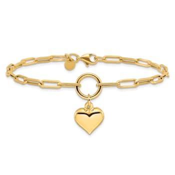 14k Yellow Gold Polished Puffed Heart Paper Clip Link Bracelet