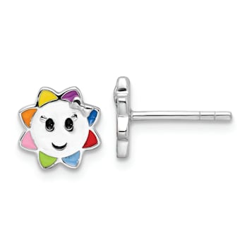 Rhodium Over Sterling Silver Multi-color Enamel Sun Children's Post Earrings