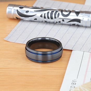 SHERIFF Domed Black Titanium Brushed Finish Men’s Wedding Ring with Blue
Grooves 8mm
