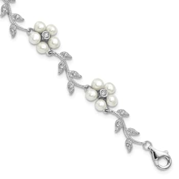Rhodium Over Sterling Silver Freshwater Cultured Pearl and Cubic
Zirconia Floral Bracelet