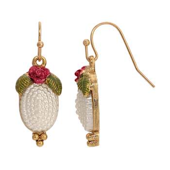 Gold Tone Faux Pearl Red Flower Oval Wire Earrings