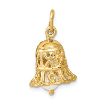 14k Yellow Gold 3D Textured Moveable Wedding Bell with Fresh Water
Cultured Pearl Charm