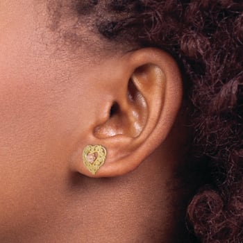 14K Yellow Gold and 14K Rose Gold Textured Lace Trim and Flower Heart
Stud Earrings
