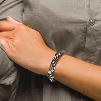 Black Leather and Stainless Steel Polished Beaded Multi-Strand 8-inch Bracelet