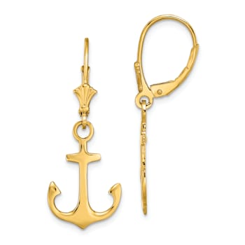 14K Yellow Gold 2D Polished Anchor Dangle Earrings