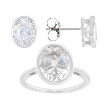 Bezel Set Oval CZ Ring And Earring Set In Platinum Over Sterling Silver