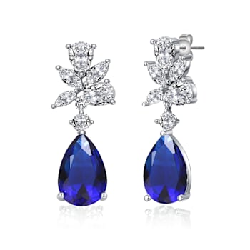Sapphire Color CZ Teardrop Cluster Drop Earrings In White Gold Over Brass
